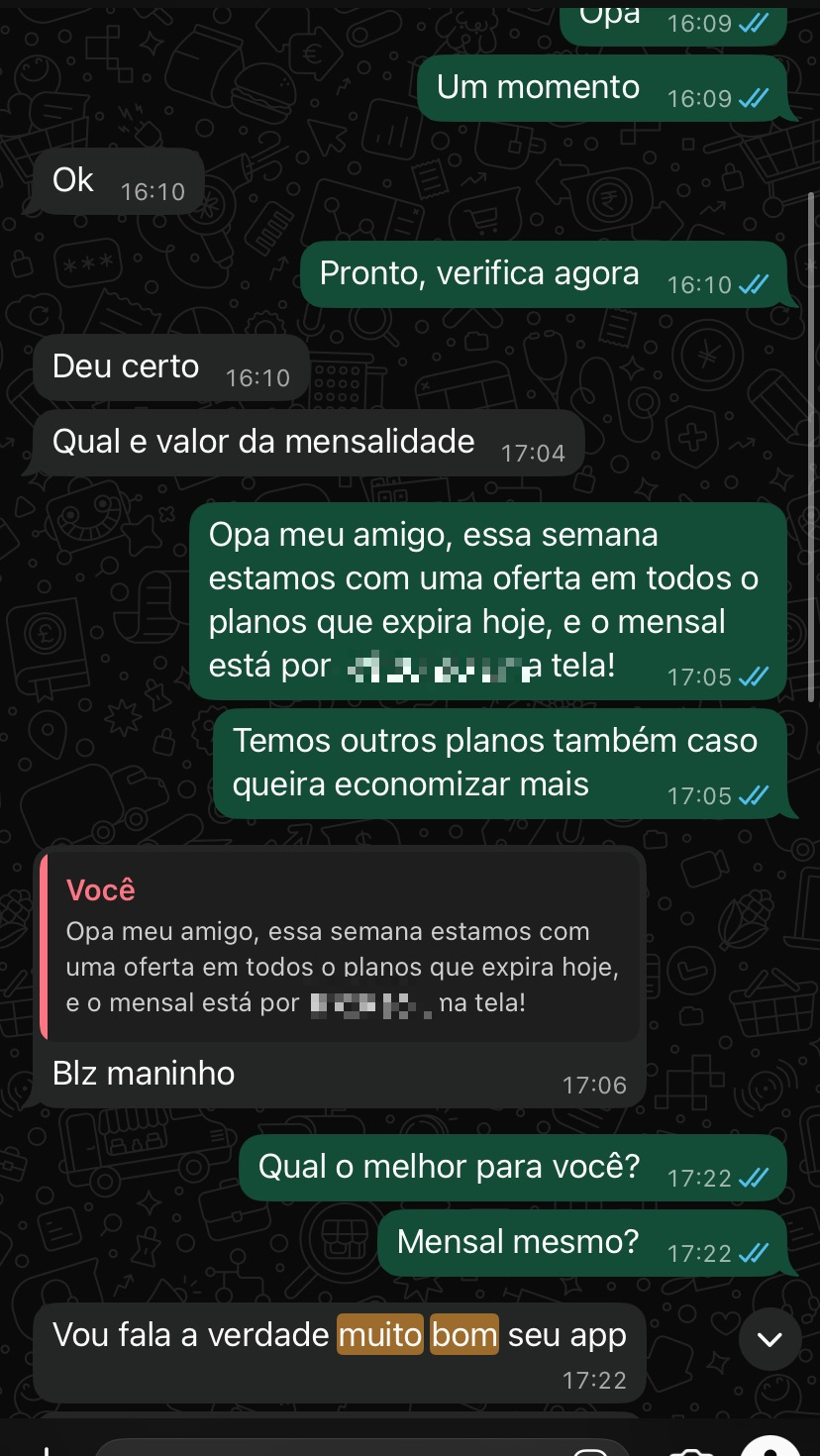 Depoimento real de cliente no WhatsApp